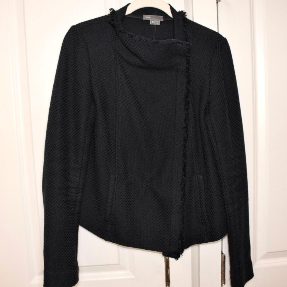 VINCE Tweed Frayed Edge Scuba Jacket Asymmetrical Zip | Medium - Picture 2 of 13